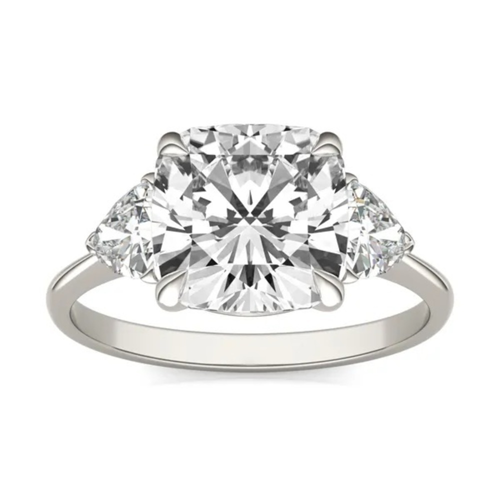 Moissanite Charles & Covard Cushion Claw Prong Trillion 3 Stone Engagement Ring